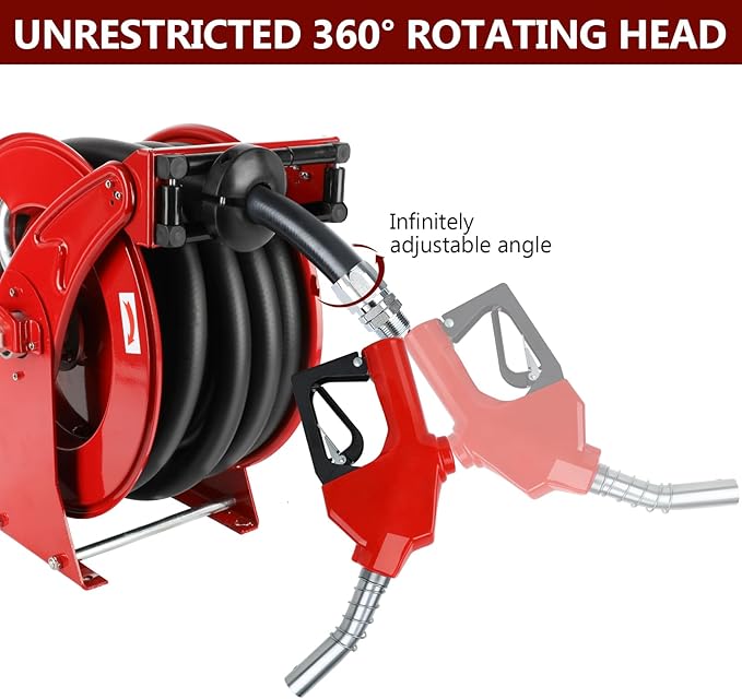 Fuel Hose Reel with Fueling Nozzle, 1" x 33FT Retractable Diesel Hose Reel, 300 PSI Industrial Heavy Duty Auto Swivel Rewind Hose Holder Reels, for Vehicle Tank Truck Trailer Ship