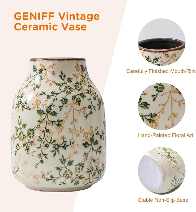 Rustic Vintage Ceramic Vase, 7.8 inch Beige and Green Decorative Vase, Aesthetic Farmhouse Pottery Vase for Home Decor, Living & Dining Room, Bookshelf, Office, TV Stand Table Decor