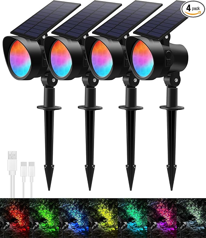 Solar Spot Lights Outdoor Color Changing, Dimmable IP65 Waterproof Solar Landscape Spotlights for Garden Yard Decorations, 4 Pack