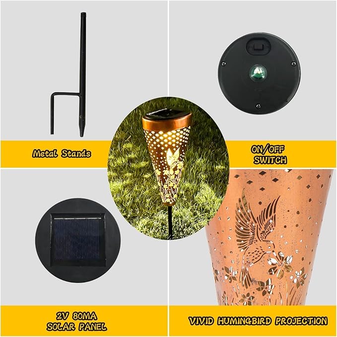 DIBIEECN 2 Pack Hummingbird Solar Pathway Lights Outdoor,Metal Garden Decorations Outdoor Lights with Patterns and Warm Light,Waterproof Landscape Lighting for Path Patio Backyard Walkway Yard