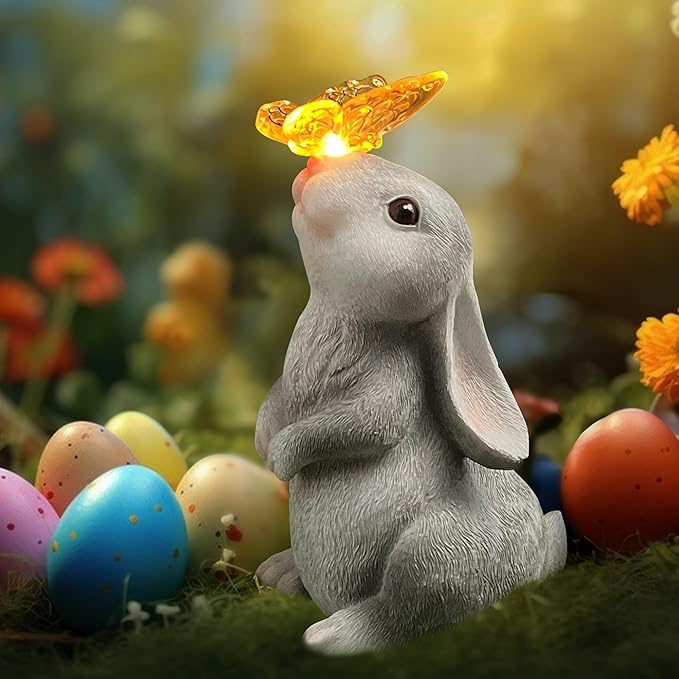 Attivolife Garden Solar Outdoor Statues Rabbit Light, Bunny with Butterfly & 7 Color Change Lamp, Patio Easter Ornament for Lawn Balcony Porch Yard Art Decor, for Mom Grandma