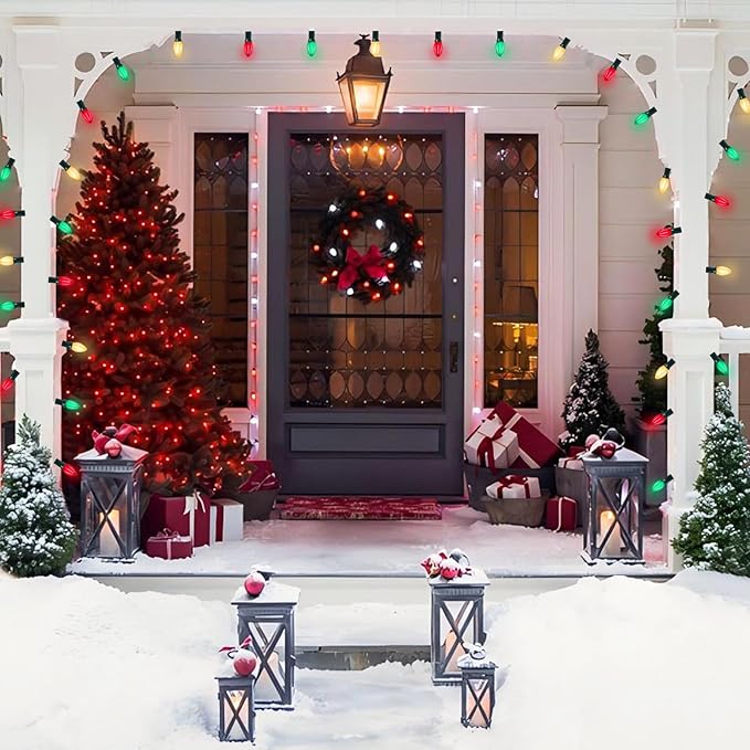 C7 LED Christmas Lights Outdoor, 25FT Clear Red Green and Frosted White Christmas String Lights with 27 LED Energy-Efficient Bulbs, Hanging Christmas Decorations Lights for Party Patio Garden Yard