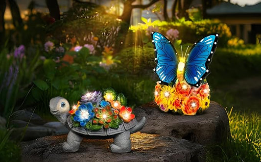 Linkax Solar Lights Outdoor LED Figurine Garden Decor for Outside Patio Yard Home, Easter Mothers Day Birthday Gifts for Women Mom Grandma Wife Daughter, A Bundle of Turtle and Butterfly Statues