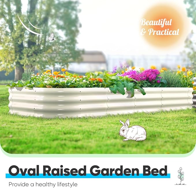 Quictent Galvanized Raised Garden Bed Kit, 6x3x1ft Oval Large Metal Outdoor Planting Box, Ground Planter Strengthened by Crossbar, Beige