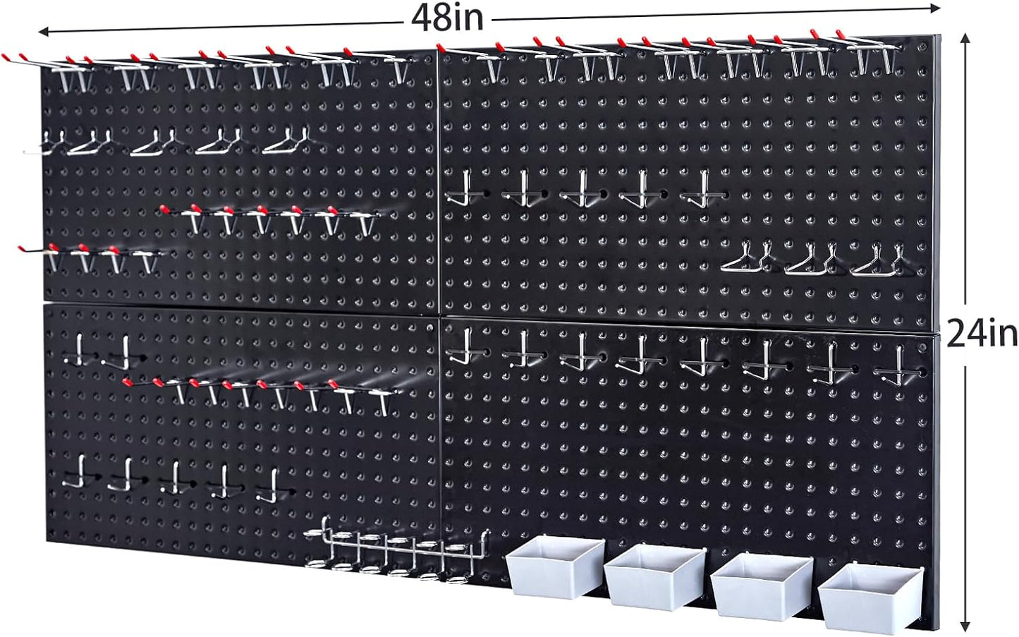 48x24 inch Black Metal Pegboard Kit for Wall Organization with Hooks, Garage Storage Bins, and Utility Tool Board, Efficient Tool Organizer Peg Board
