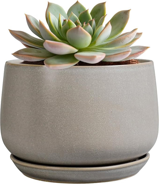 G EPGardening Ceramic Plant Pots - Round 6 Inch Modern Planter with Drainage and Plant Saucer Indoor Outdoor for Flower, Garden Decor, Gifts for Home, Retro Gray