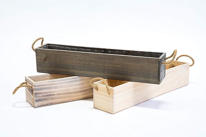 20" Rectangular Rustic Wood Planter with Handle and Plastic Liner l Rustic Whitewash l Country Style, Home and Wedding Decorations, Garden Ornaments (20x4 w Handle Set of 2, Whitewash)