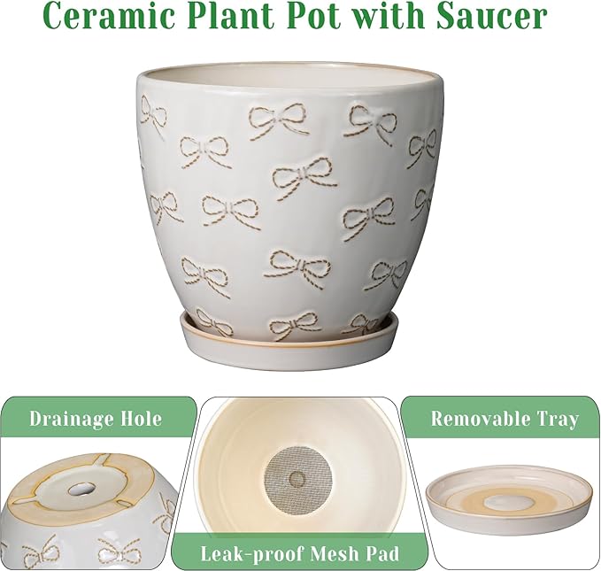 Ceramic Pots for Plants - 8 Inch Plant Pot with Drainage Hole and Saucer Large Planter Pot for Indoor Plants Outdoor Modern Flower Pot Home Decor White