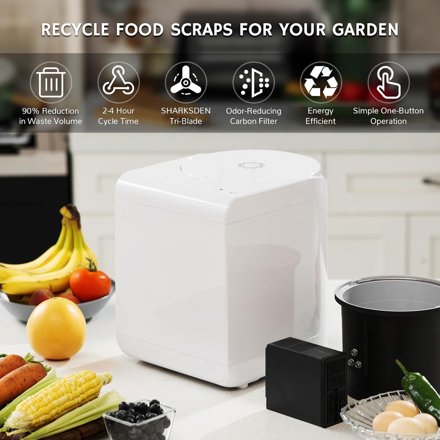 Airthereal Revive R500 Electric Kitchen Composter, SHARKSDEN® Tri-Blade, Turn Food Waste and Scraps into Natural Fertilizer for Plants, Glossy Pearl White