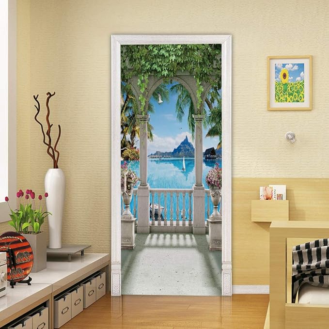 3D Door Stickers Murals - Landscape - Peel and Stick - Waterproof & Washable - Matt Finish - Scenic Motif - White - 37.4" x 84.6" - 2 Pieces