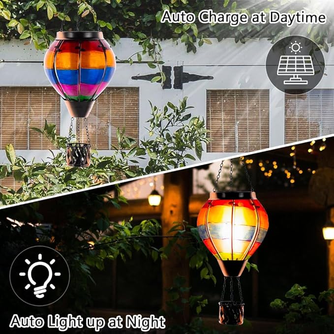 Unique Hot Air Balloon Solar Lantern with Flickering Flame, Handmade Glass Hanging Outdoor Lantern Waterproof Lantern Lamp for Patio, Garden, Porch