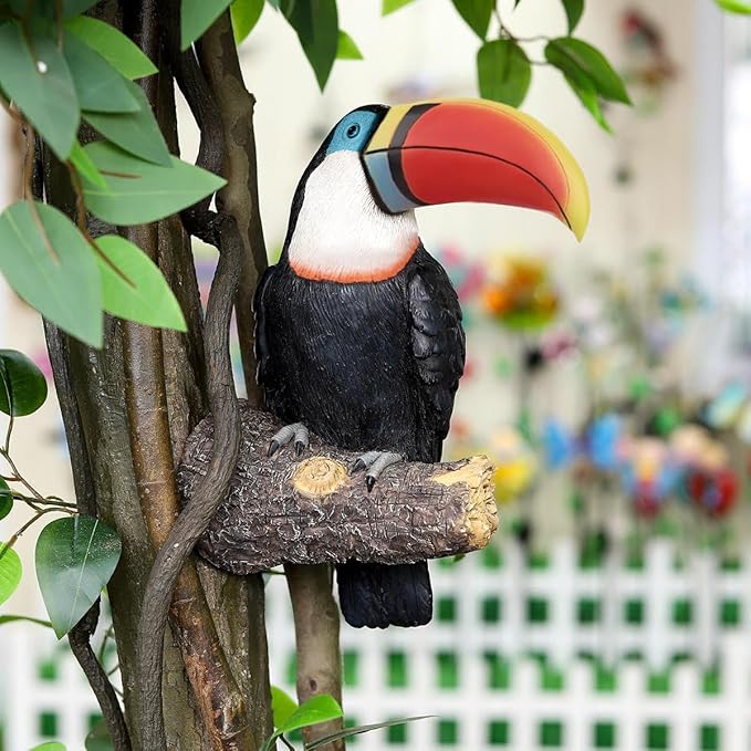 Toucan Tree Hugger Tree Decor Hanging Garden Statue 11.4 Inches High Multicolor Resin Tropical Animal Lawn Exotic Bird Sculpture Tree Decoration for Lawn Porch Yard Patio (Style2)