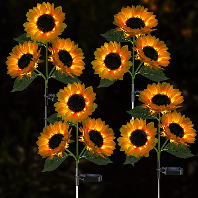 Solar Sunflower Lights, 800mA Solar Garden Light with Real Looking Flowers Outdoor Waterproof Solar Stake Lights for Back Yard, Flower Bed, Pathway, Patio, Porch, Fall Decoration (4 Pack)