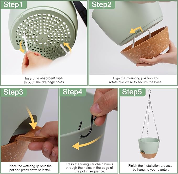 3 Pack Hanging Planter Indoor Outdoor Flower Pots 7/6.5/5 Inch, Self-Watering Hanging Pot with Drainage Holes Hanging Baskets Holder Plant Pots for Garden (Green)