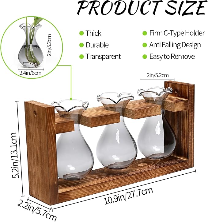 Plant Propagation Station Plant Terrarium Unique Birthday Gifts for Women Plant Lovers Home Office Decor Planter with Wooden Stand - 3 Bulb Glass Vase