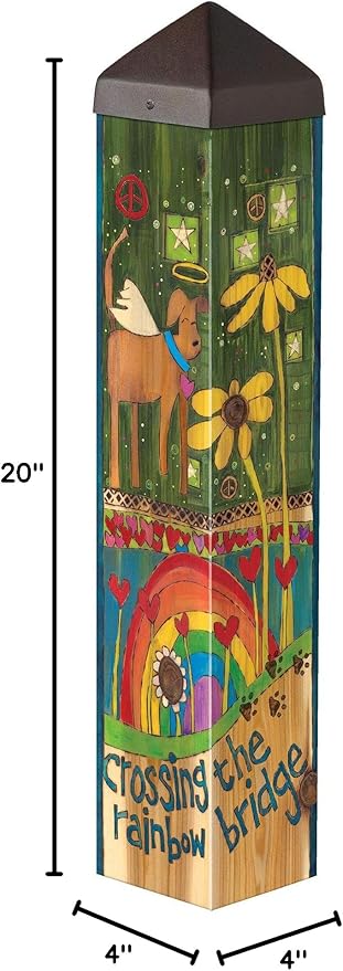 Studio M Art Pole, PVC Weather Resistant Pole with Vinyl Bowl 20 inches Tall Outdoor Decoration for Gardens, Patios, Yards, Landscaping and Birding Accessories, Crossing The Rainbow Bridge