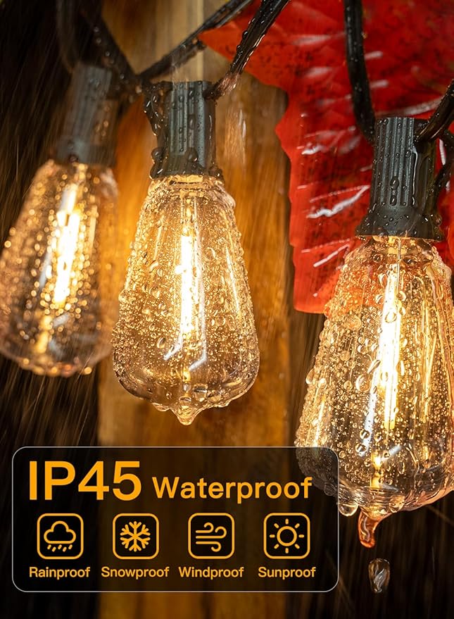 Ollny 50FT Outdoor String Lights, Shatterproof Connectable Patio Lights with 25+2 Spare ST38 Vintage Bulbs, 2200K Warm White Waterproof Outside Hanging Light for Camping Yard Gazebo Porch Balcony