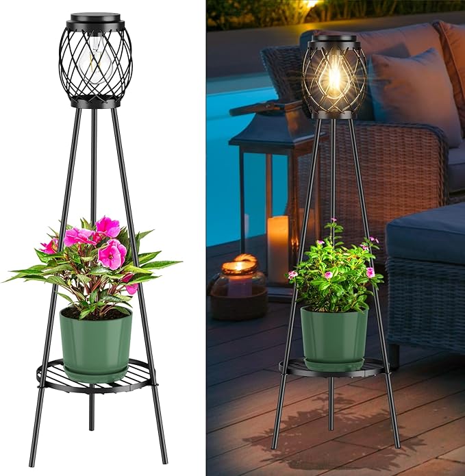Solar Floor Lamp with Plant Stands，Solar Lights Outdoor with Vintage LED Edison Bulbs, Weatherproof Garden Lights for Pathway, Patio, Yard, 8-10 Hours Lighting, IP55 Waterproof