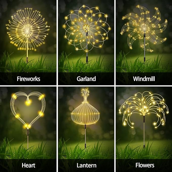 Maleyt Solar Garden Lights 8 Pack, Solar Powered Outdoor Decorative Lamps, 120 LED Solar Firework Lights with Remote Control, 8 Modes Waterproof DIY Landscape Lighting for Backyard Garden Decoration