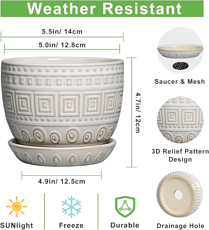 G EPGardening Ceramic Pots for Plants - 5 Inch Plant Pot Indoor with Drainage Hole and Saucer, Outdoor Flower Pot, Decorative Round Planter for Succulent Orchid Snake Plants, White