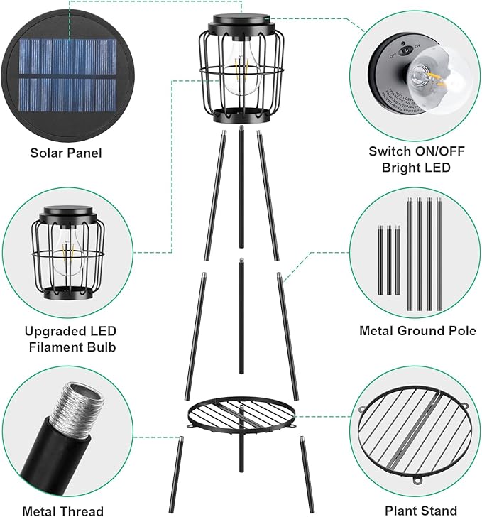 Solar Lights Outdoor with LED Edison Bulbs, Solar Floor Lamp with Plant Stands for Garden Yard Pathway Driveway Front/Back Porch Decoration