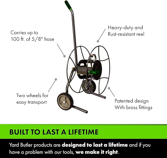 Yard Butler Compact Hose Reel Cart with Wheels Heavy Duty 100 Foot Metal Hose Reel Suitable for Gardens, Lawns and Outdoor - IHTC-1