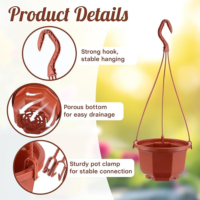 Roshtia 24 Pcs Hanging Plastic Planter Pot with Hook Flower Pots Baskets Hanging Nursery Planter Holder for Outdoor Indoor Plant Garden(Brown,6 Inch)
