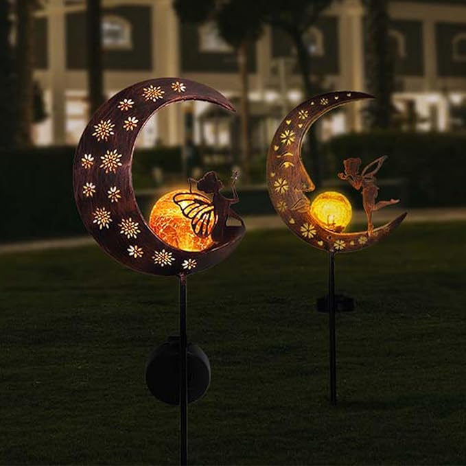 TERESA'S COLLECTIONS 2pcs Fairy Moon Lights Solar for Garden Decor Outside, Metal Yard Art Lawn Ornaments with Crackle Glass Ball, Angel Decorative Stake for Patio Porch Decor, Gifts for Grandma Mom