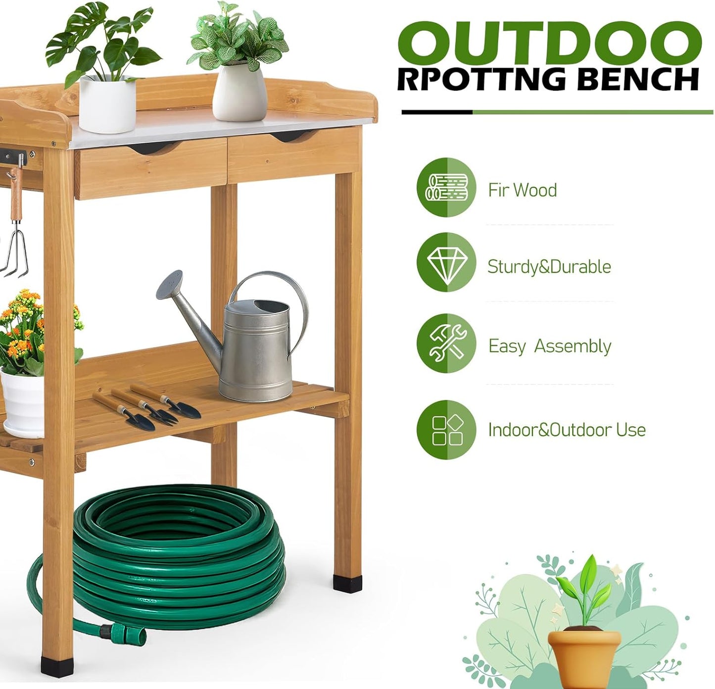 Outdoor Potting Bench Garden Work Station, Solid Wood Planting Table w/Sink Drawer Shelves,Metal Top, Folding Patio Furniture for Porch Balcony (29.8 x 14.6 x 36.4(Fir Wood Color))