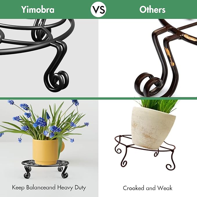 Yimobra Metal Plant Stand for Flower Pot 4 Pack Heavy Duty Potted Holder Indoor Outdoor Rustproof Iron Garden Container Round Supports Rack for Planter (4PC Black 10.24 x 2.36 IN)