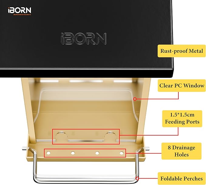 iBorn Bird Feeders for Outdoors,Bird House Feeder with Weatherproof Metal Roof & 8 Drain Holes,Fully Detachable Birdfeeder Design,Easy Clean & Refill,Chew-Proof PC Windows,1.5 Lbs Capacity,Black Roof
