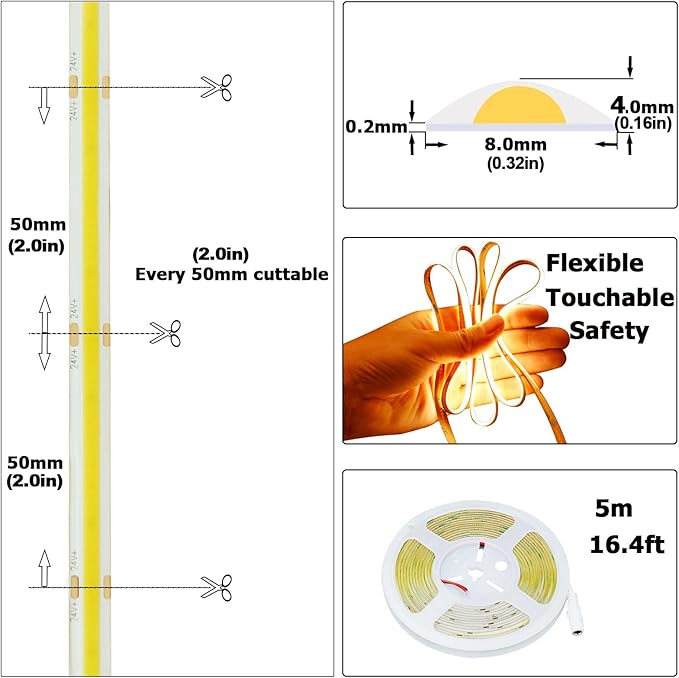 24V COB LED Strip Light Warm White 3000K 5M/16.4ft 2400LEDs Waterproof IP65 Uniform Glow CRI 93+ Flexible LED Tape Lights for DIY Cabinet Bedroom Kitchen Home Decor(No Power Supply)