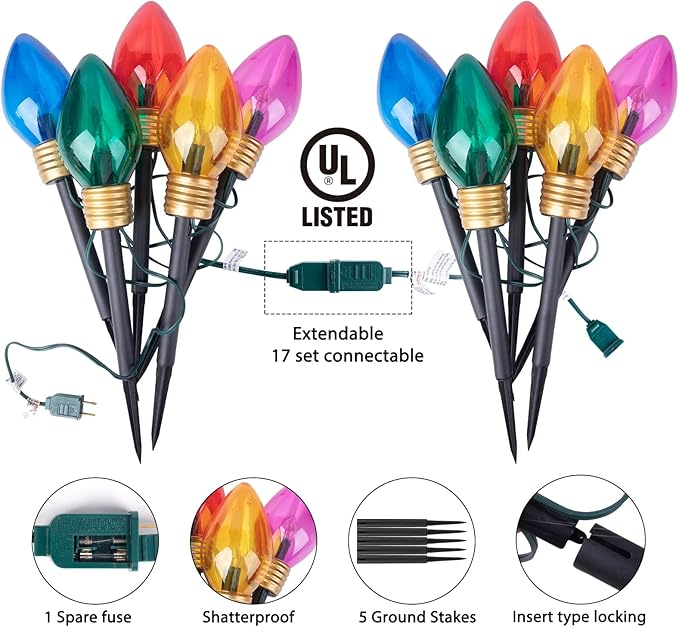 Christmas Lights Jumbo C9 Outdoor Lawn Decorations with Pathway Marker Stakes, 8.5ft C7 Lights Covered Jumbo Glitter Multicolor Bulb for Holiday Outside Yard Garden Decor, 5 Lights