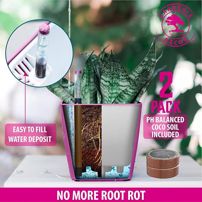 5" Self Watering pots for Indoor Plants - Flower Pot with Water Level Indicator for Plants, Grow Tracking Tool - Self Watering Planter Plant Pot – 2 Pack Purple