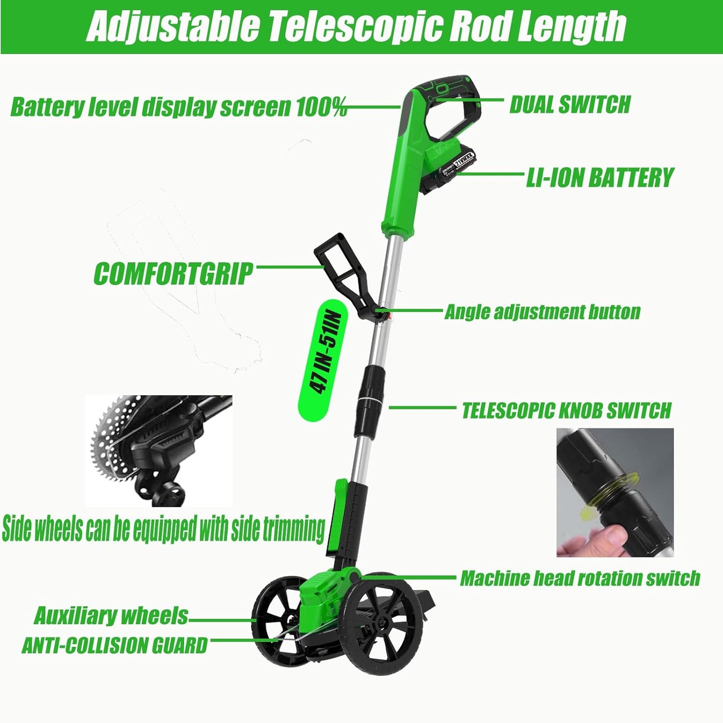 Electric Weed Wacker Cordless Eater Battery Powered Weed Trimmer, with 2Pcs 21V Battery 5 Types Blades Lightweight Grass Trimmer Edger Lawn Tool, Push Wheeled No-String Trimmer for Garden Yard