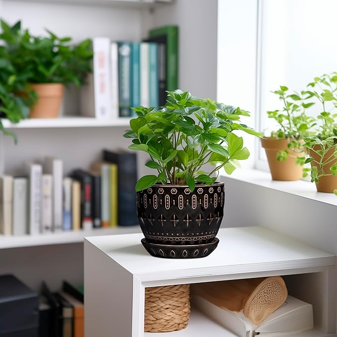 G EPGardening Ceramic Pot for Plants 5.5 Inch - Ceramic Plant Pot Indoor with Drainage Hole and Saucer, Round Boho Planter for Indoor Plants Outdoor, Housewarming Gifts, Garden Office Decor, Black