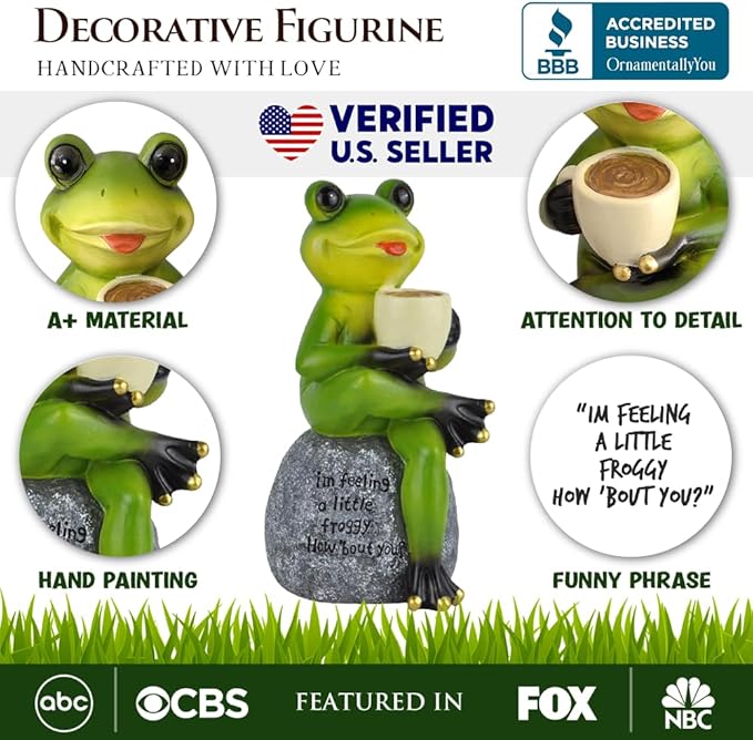 Spring & Summer-Themed Garden Statues – Adorable Outdoor Decor for Lawn, Patio & Porch (Coffee Drinking Frog Garden Statue with Funny Quote)