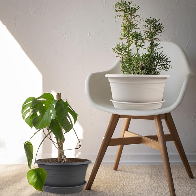 Large 4 Pack13 inch Plant Pots, Round Plastic Pots for Plants, Outdoor Planters with Drainage Hole & Tray Saucer, Decoration Large Flower Pots for Indoor Outdoor Garden Home Plants (White)