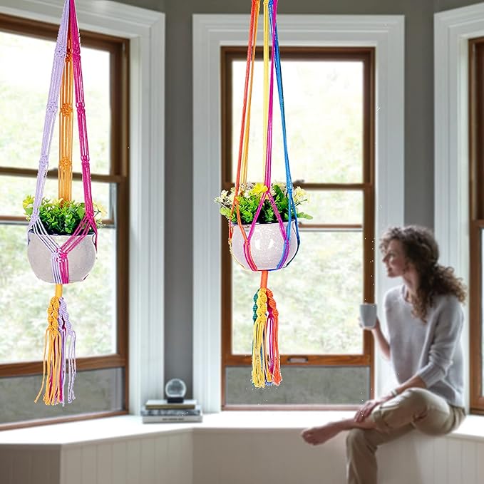 Rainbow Colorful Macrame Plant Hanger with 4 Hooks, Hanging Plant Holder Indoor Outdoor, Handmade Cotton Rope for Boho Room Decor Hanging Ceiling Decor，2 Pack