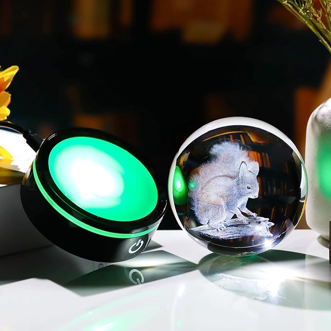 YWHL 3D Squirrel Figurine Crystal Ball with Colorful Light Base, Squirrel Gifts for Women Men on Christmas Birthday, 3D Laser Engraved Squirrel Ornament Glass Decorative Ball for Home Decor (80mm)