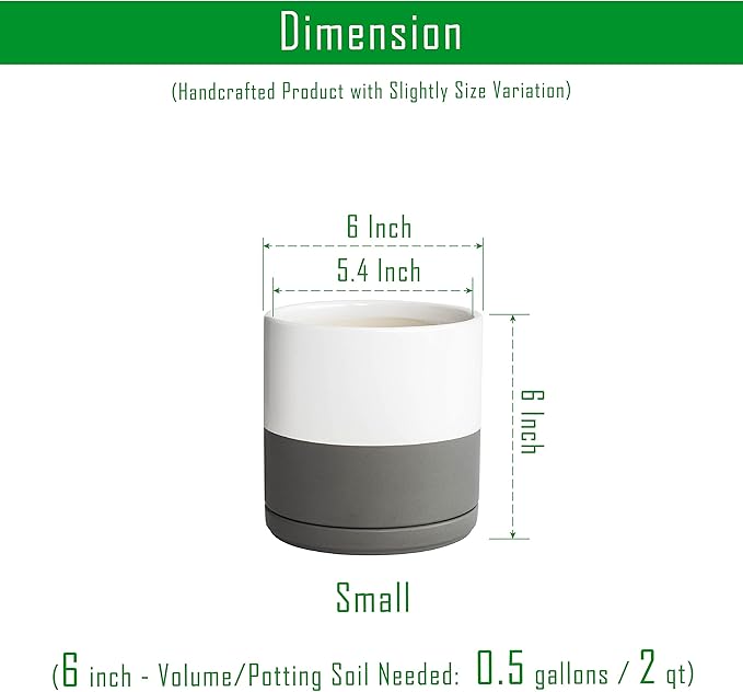 D'vine Dev 6 Inch Ceramic Planter Pot with Drainage Hole and Saucer, Indoor Cylinder Round Flower Pot, White/Speckled Grey, 94-O-C-6