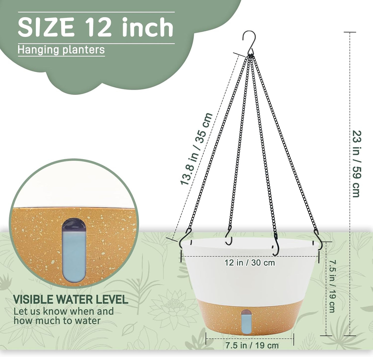 ZMTECH 12 Inch Hanging Planters for Indoor, 2 Pack Large Hanging Plant Pot with Visible Water Level and Chain, Self Watering Hanging Flower Pot for Outdoor Garden Porch(12Inch, White)