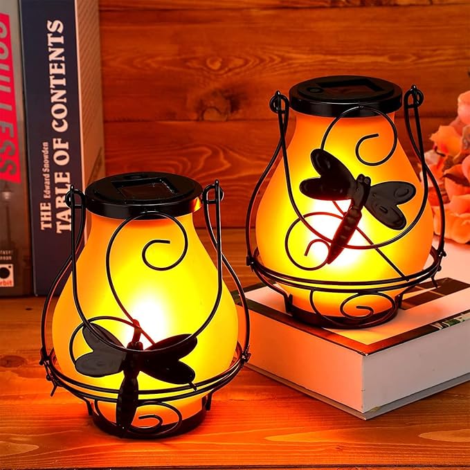 Solar Lanterns, Hanging Outdoor Lantern with Dragonflies LED Flickering Flameless Candles, Solar Lanterns Outdoor Waterproof for Table Party Decorative Yard Pathway (Dragonflies)