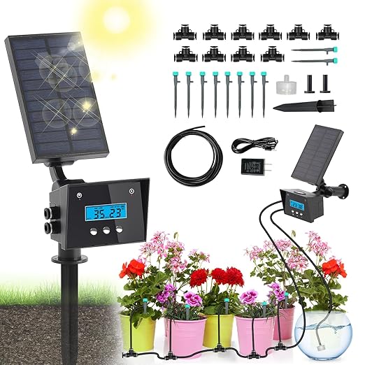 Solar Drip Irrigation System, Automatic Irrigation System for Outdoor Gardening，2200mA Battery and rain Sensing Function,for courtyards, Balconies, Gardens, 10 Potted Plants