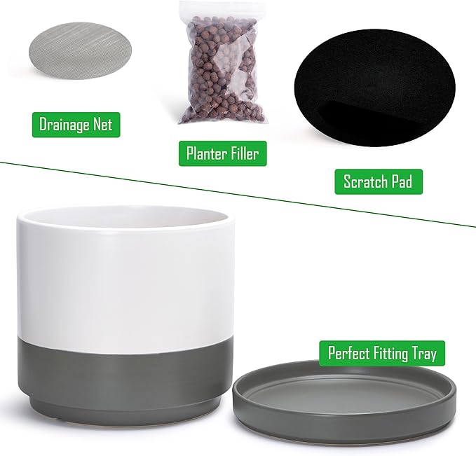 D'vine Dev 14 Inch Ceramic Planter Pot with Drainage Hole and Saucer, Indoor Cylinder Round Planter Pot, White/Speckled Grey, 94-O-G-6