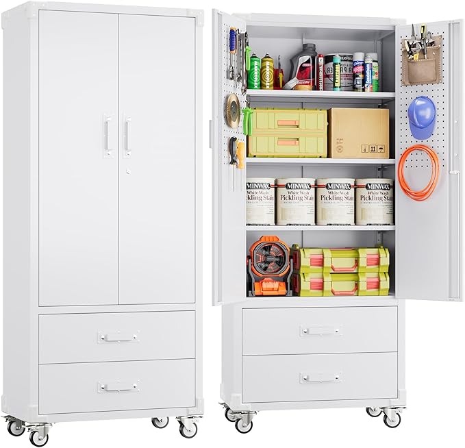 Upgraded Metal Garage Storage Cabinet with Wheels and 2 Drawers, Rolling Tool Cabinet with 3 Shelves and Pegboard Behind The Door for Home Office Garage,Assembly Required,White