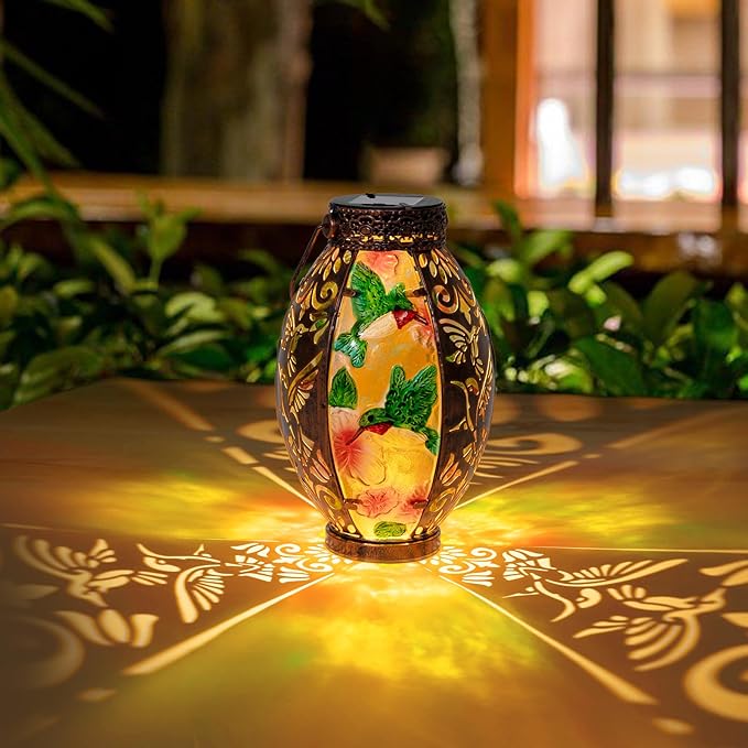 Hanging Solar Lantern Outdoor Waterproof Glass Solar Hummingbird Flickering Flame LED Garden Lights Metal Hollowed-Out Table Lamps Garden Decorations for Yard Patio Pathway Tabletop Tree Holiday