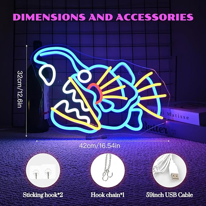 Fishing Neon Sign Dimmable Blue Fish Neon Signs for Wall Decor LED USB Powered Neon Light Sign for Fishing Gear Store Yacht Bedroom Scared Restaurant Man Cave Decoration Birthday Gifts