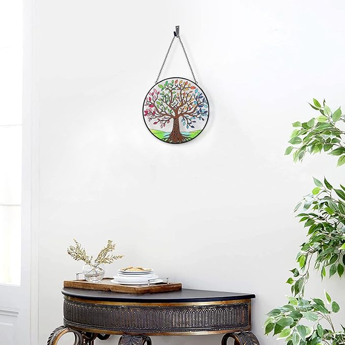 Tuitessine Tree of Life Stained Glass Suncatcher Four Season Theme Colorful Leaves Window Wall Hanging Ornament Hand-Painted Glass Panel Decor Gift for Women Christmas Thanksgiving Gift 6.3 * 6.3”
