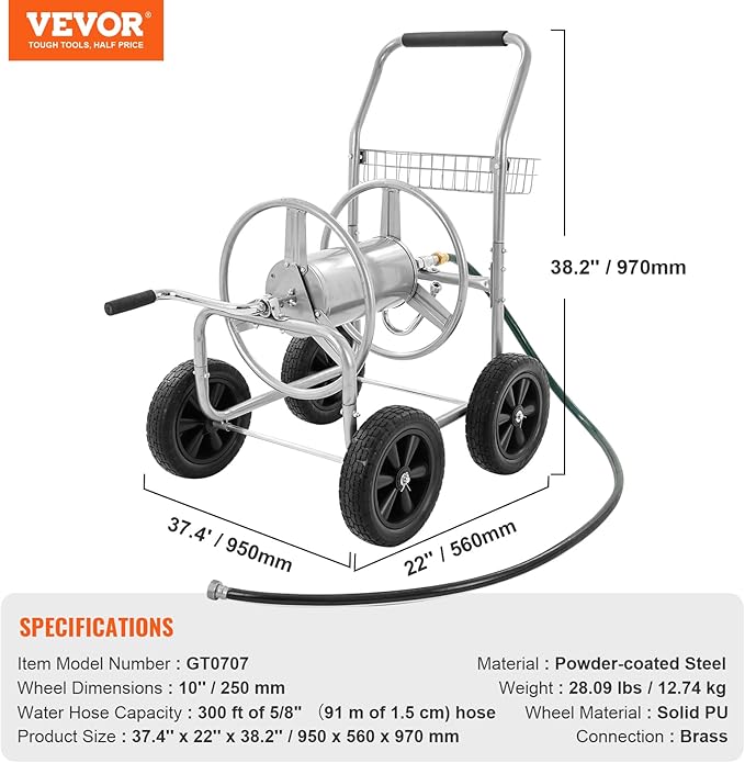 VEVOR Hose Reel Cart, Hold Up to 300 ft of 5/8’’ Hose, Garden Water Hose Carts Mobile Tools with 4 Wheels, Heavy Duty Powder-Coated Steel Outdoor Planting with Storage Basket, for Garden, Yard, Lawn